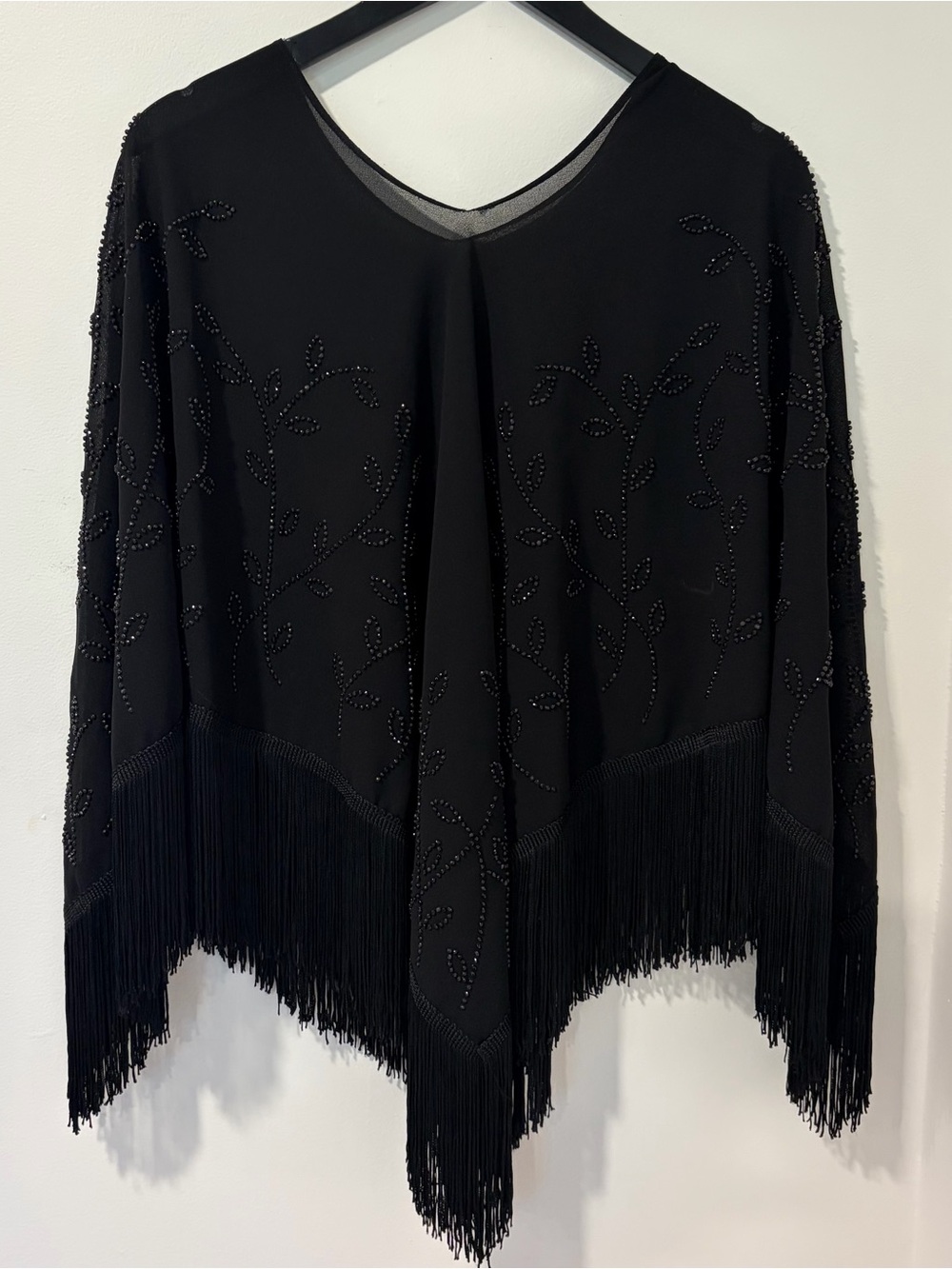 Vtg Gothic Sheer Embroidered Beaded & Fringe Stevie Nicks Poncho